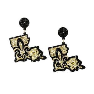 Black & Gold Glitter Earrings With Fleur de Lis